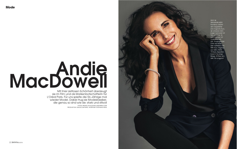 photographer mikael schulz with model and actress andie macdowell for donna magazine with hairstylist gabriela speckbacher